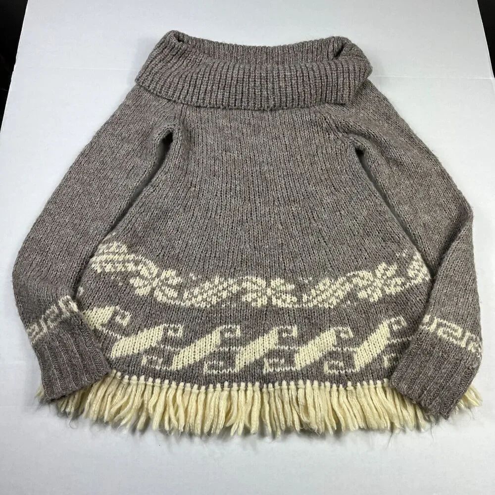 Free People Nordic Fringe Sweater Beige Cowl Neck Winter Cozy Pullover SMALL